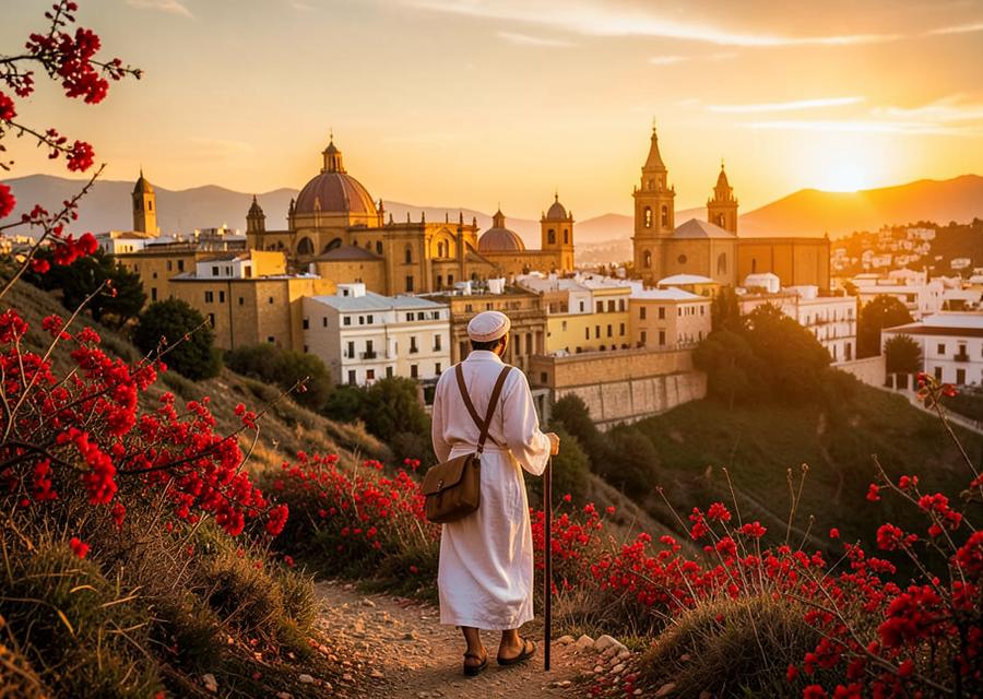 Voyageur sur le chemin d'une cité andalouse au coucher du soleil